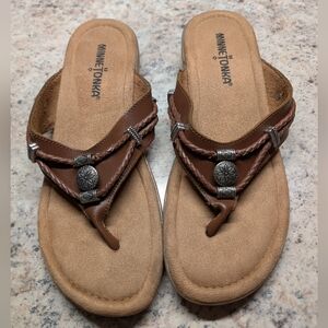 Minnetonka Silverthorne Braided Leather Thong Sandals with Silver Accents